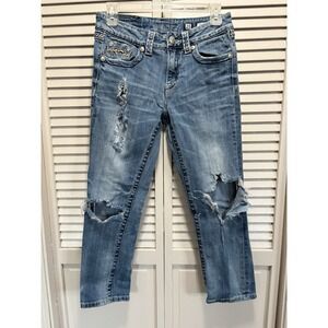 Miss Me Boyfriend Capri Heavy Distress Jeans Embroidered/Gems Logo 25 Low Rise